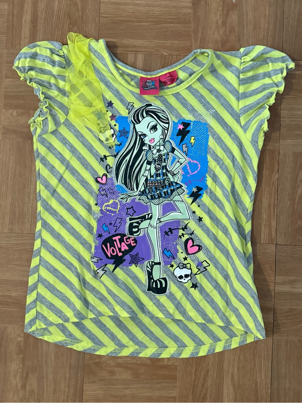 Monster High Frankie Neon Yellow Striped Girls' Graphic Tee size 10/12